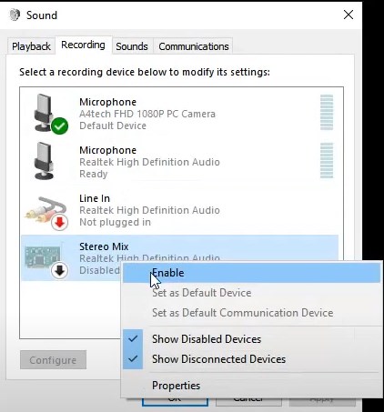 из списка неактивных устройств правой кнопкой мыши выбрать "Stereo Mix" ("Wave Out Mix", "Mono Mix" и т. п.) и нажать на "Включить"