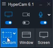 To start recording select the video capture area in Windows 10 by clicking on the button “Custom”