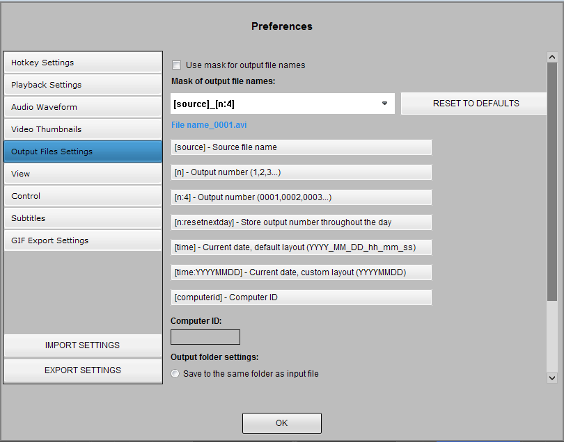 Output Files Settings