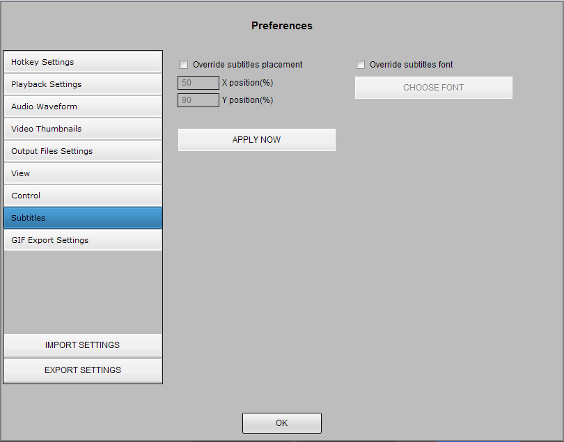 Subtitles settings