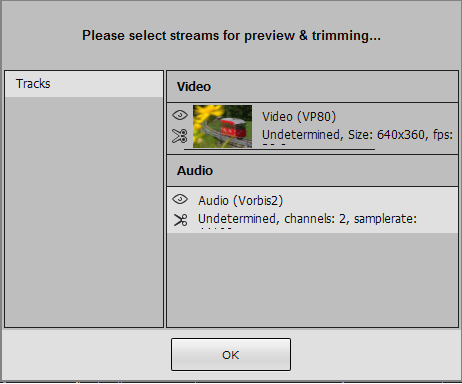 Stream selection dialog