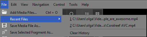 "Recent files" submenu