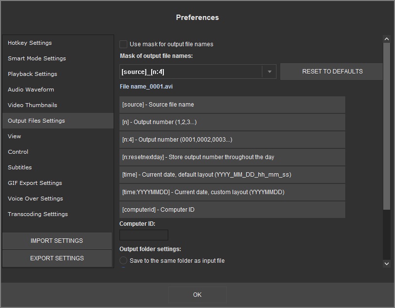 Output Files Settings