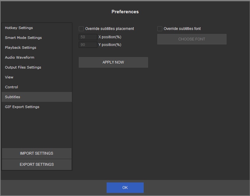 "Subtitles" settings