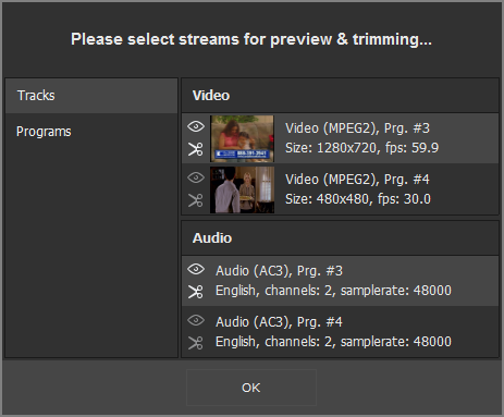 Stream selection dialog