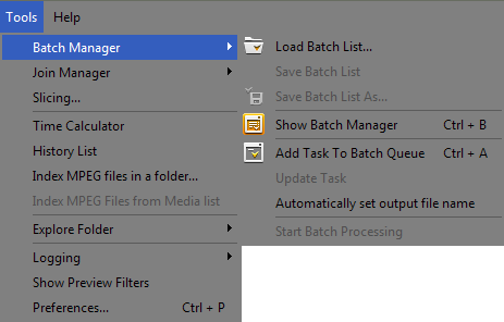 Batch Manager submenu