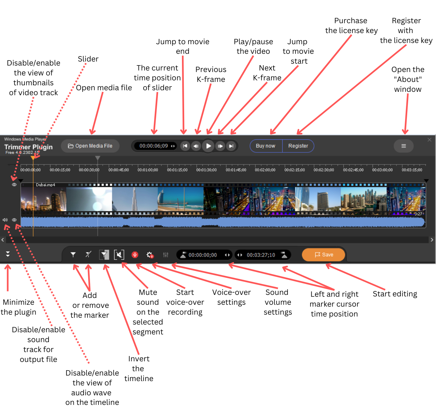 WMP Trimmer Plugin GUI controls, expanded view